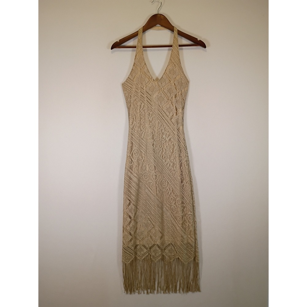 Vintage Boho The White House Women XS Gold Metallic Lurex Fringe Halter Dress